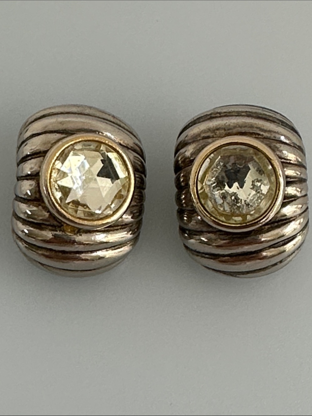ELlEN DESIGNS Sterling Silver Ribbed Hoop Earrings with Champagne Stones - Picture 3 of 10